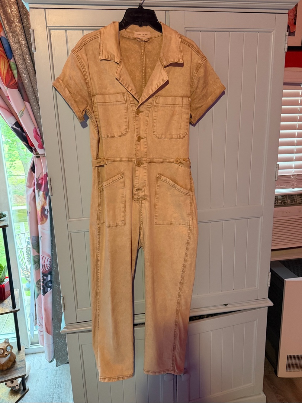 Saints and Hearts Tan Short-Sleeve Utility Jumpsuit